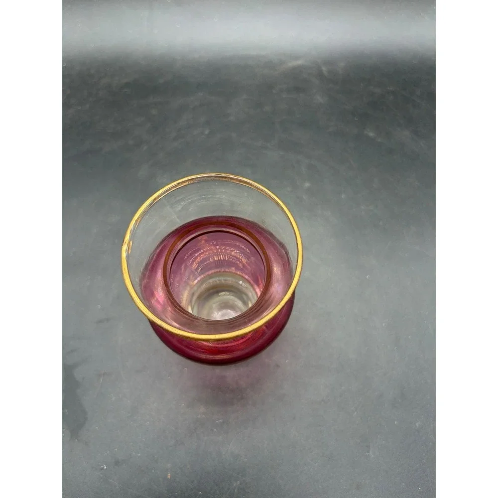 Vintage Cranberry Glass Miniature Bud Vase Gold Gilt Trim Pink Art Glass 4.25in